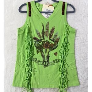 Delila Texas Western Fringe Tank Size M Rhinestone Aztec Boho Top NWT